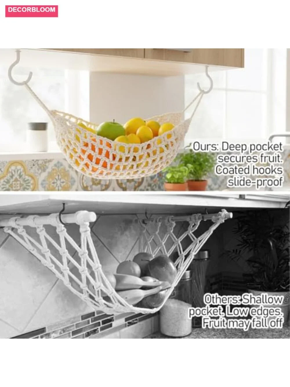 Hand-Woven Pure Cotton Hanging Fruit Basket Under Cabinet with Hooks, Boho